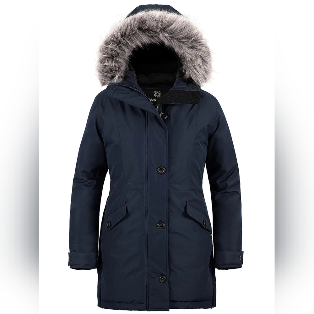 Wantdo Women's Puffer Jacket Hooded Thick Coat Insulated Long Parka, Navy, Sz M
